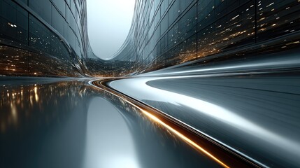 Futuristic architecture with sleek curves and illuminated pathways, showcasing modern design, innovation, and urban sophistication.