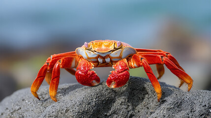 A vibrant orange crab perched on a rocky shore, showcasing its colorful shell against a blurred ocean backdrop.