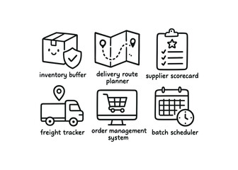 hand drawn cute doodle style isolated supply chain inventory buffer supply chain delivery route planner supply chain supplier scorecard supply chain freight tracker supply chain order