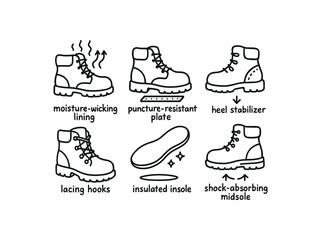 Obraz premium hand drawn cute doodle style isolated work boots moisture wicking lining work boots puncture resistant plate work boots heel stabilizer work boots lacing hooks work boots insulated insole