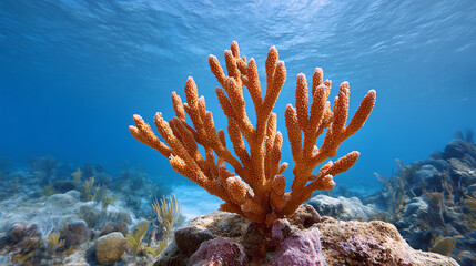 A vibrant underwater scene featuring orange coral, thriving in crystal-clear water with marine life surrounding it.