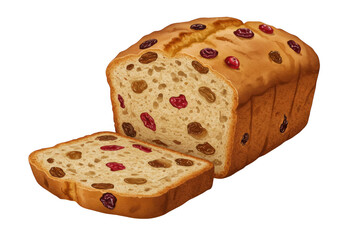 Raisin bread loaf with one slice cut isolated on transparent background