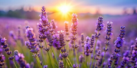 Obraz premium Serene Sunset Over a Vibrant Lavender Field, Bathed in Golden Light and Gentle Breezes