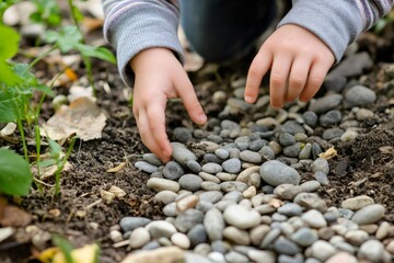 Close up view of hands carefully arranging pebbles on the soil, crafting a beautiful decorative path in a vibrant garden setting
