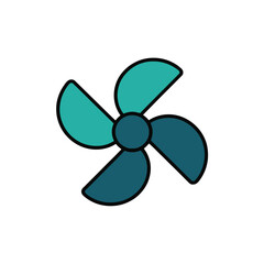 Stylized four blade fan propeller icon in teal and dark blue