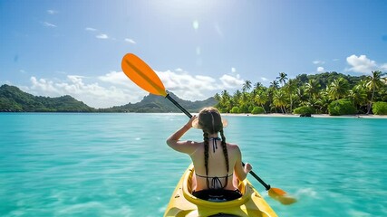 A peaceful kayaking scene with a woman paddling toward tropical islands. - Powered by Adobe