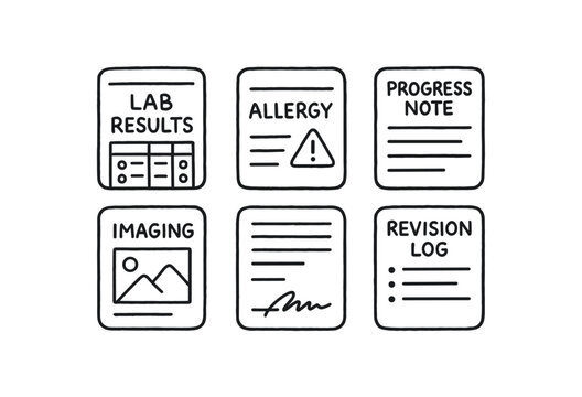 hand drawn cute doodle style isolated medical chart lab results panel medical chart allergy flag medical chart progress note medical chart imaging section medical chart signature medical