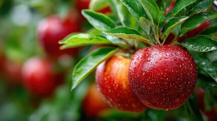 Obraz premium Ripe Red Apples on Branch with Water Drops