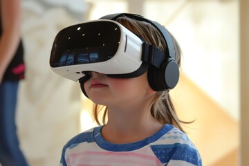 Young girl wearing virtual reality headset, experiencing immersive technology and exploring virtual worlds