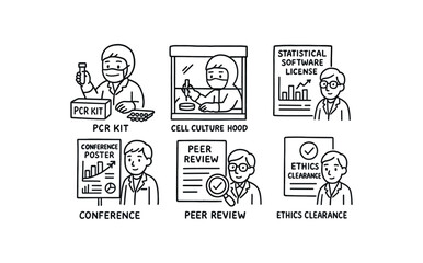 hand drawn cute doodle style isolated medical researcher PCR kit medical researcher cell culture hood medical researcher statistical software license medical researcher conference poster