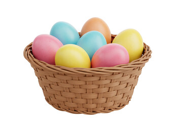 Naklejka premium Woven basket filled with colorful easter eggs isolated on transparent background