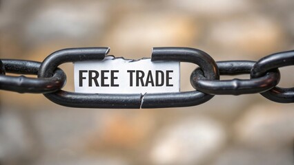 A metal chain with a broken link revealing the words "FREE TRADE," symbolizing the concept of unrestricted commerce and economic freedom.