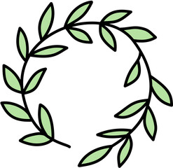 Circular botanical wreath made of green leaves and thin black stems, elegant decorative vector illustration.