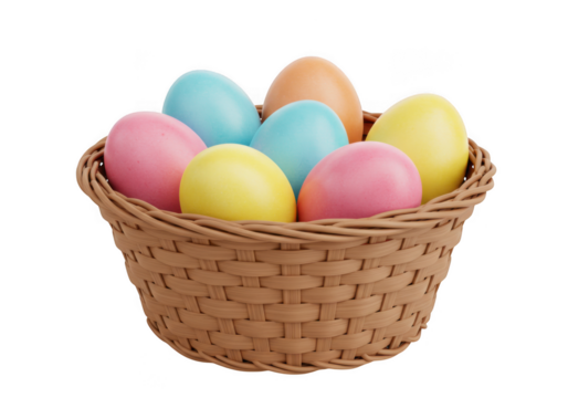 Woven basket filled with colorful easter eggs isolated on transparent background