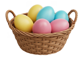 Woven basket filled with colorful easter eggs isolated on transparent background