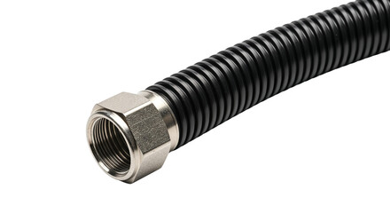 Flexible metal hose with threaded fitting  on a transparent background