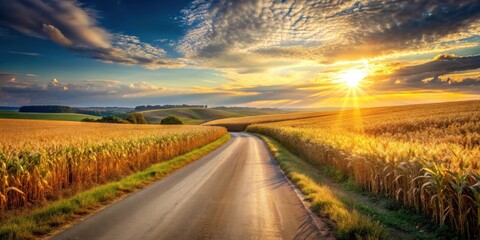 Naklejka premium Golden Hour Country Road Winding Through Ripe Fields of Grain at Sunset