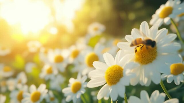 Bee pollinating daisy in a field on a sunny day in springtime