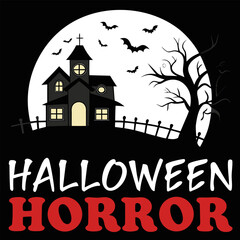 Spooky haunted house with bats flying around a large full moon and a creepy bare tree on halloween night with the words halloween horror