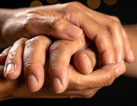 unas manos unidas en concepto de amistad compasi&oacute;n ayuda y participacion sobre fondo negro 