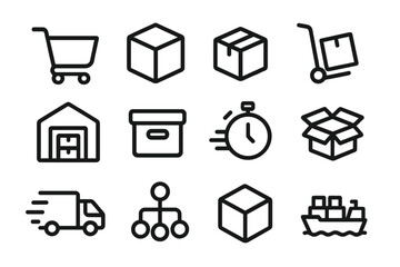 Minimalist icons for shipping and logistics in black and white design