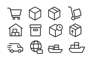 Logistics and delivery icons set in linear style with black and white outline