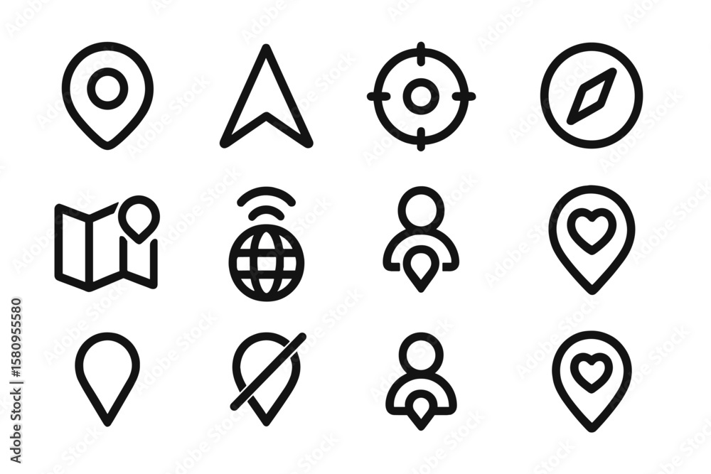 Poster set of dark navigation icons featuring maps and location pointers in modern silhouette style