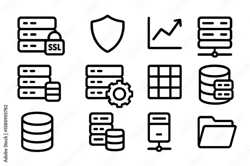 Poster linear icons for data storage and network security on dark background