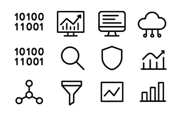 Monochrome data analytics icons: cloud computing, security, and trends
