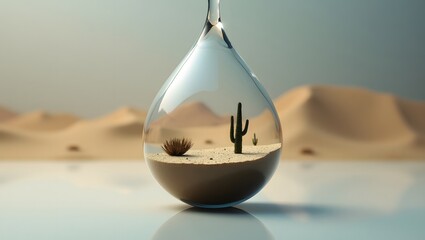 Miniature Desert Landscape in Glass Teardrop; Surreal, Calm, and Evocative Stock Photo