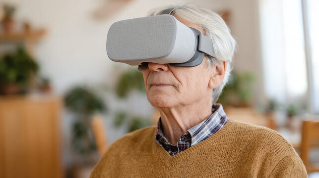 An elderly man immersed in virtual reality with a headset, showcasing the blend of technology and modern lifestyle. - Powered by Adobe