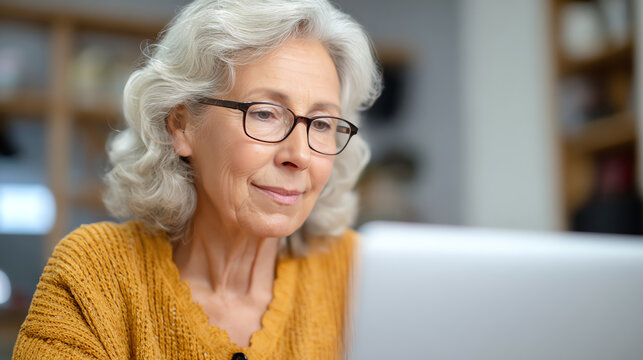 An elderly woman engages with her laptop, showcasing the joys of technology and learning in her later years.