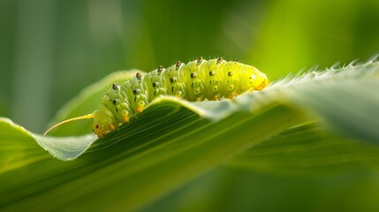 Naklejka premium Armyworm Larva Crawling Across A Maize Leaf, With Visible Chew Marks And Frass (Droppings) Around It. The Worm Is Mid-Frame, Slightly Elevated On A Leaf Fold. Natural Lighting With Soft Shadows. --A