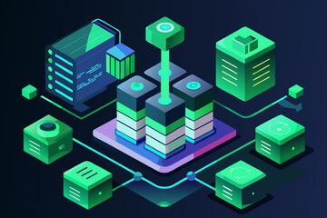 Fototapeta premium Isometric Data Center Illustration with Connected Servers and Network Nodes