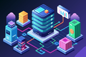 Isometric Data Center Illustration with Servers Cloud Storage and Network Connections