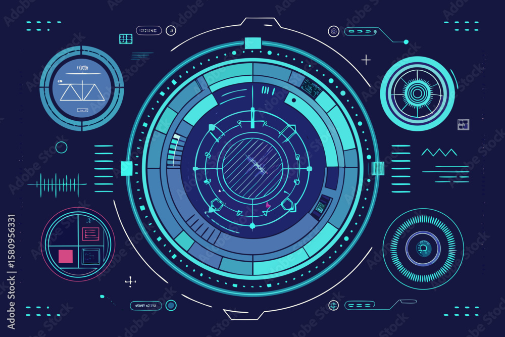 Poster futuristic technology interface with circular hud elements and data visualization