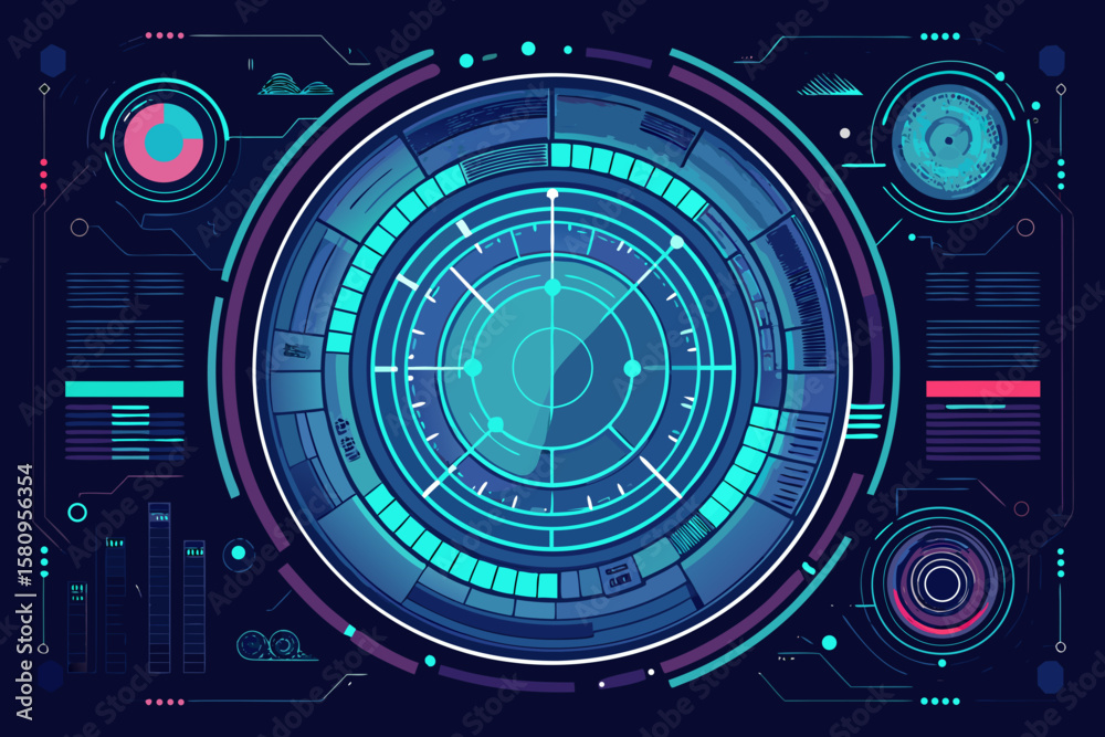 Poster futuristic hud interface with circular design and data visualization elements on dark background