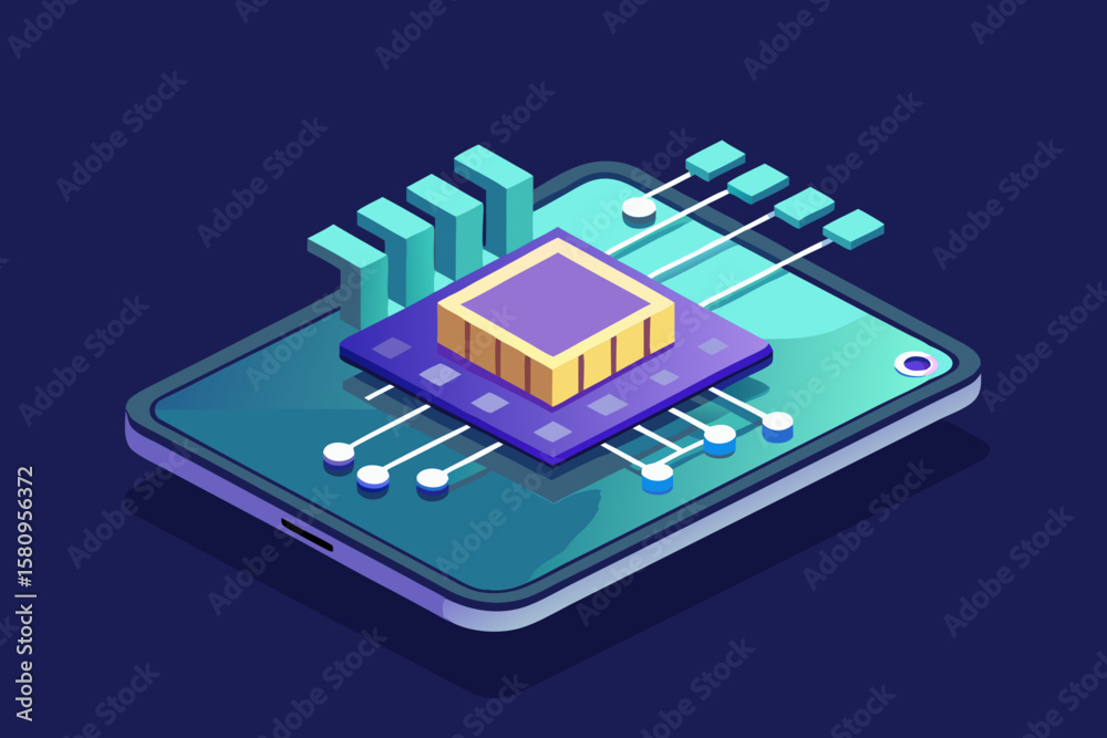 Poster isometric smartphone with central processing unit and data representation on dark background