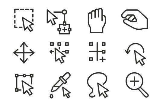 Cursor and editing icon set: comprehensive linear design in dark mode