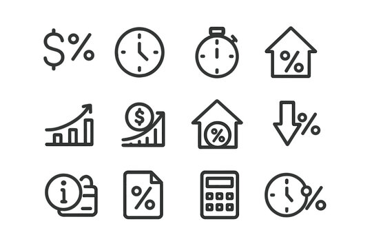 Dark glowing line icons of finance and time management symbols