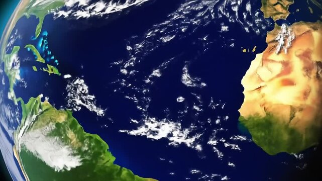 Realistic Earth view from space featuring the Western Hemisphere. Digital rendering of North America and the Amazon rainforest. Stunning planetary depiction with glowing atmosphere.