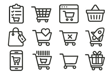 E-commerce shopping icons: online retail cart and basket symbols