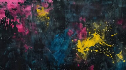 Fototapeta premium Abstract grunge art features vibrant pink, yellow, and blue splashes on a textured, dark surface, ideal for creative backgrounds.