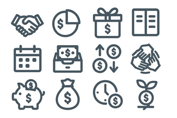 Dark themed minimalist financial icons with line art style