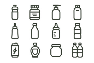 Minimalist icons of various bottles and containers on brown background