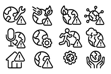 Fototapeta premium Global crisis icons: linear design reflecting environmental and health challenges