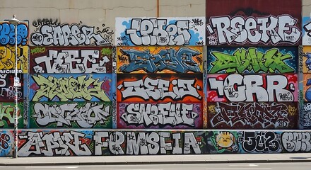 Obraz premium Colorful graffiti art on a wall with various tags and styles, creating a vibrant and urban aesthetic.