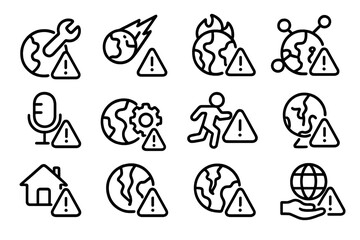 Outline icons of climate change challenges and environmental hazards