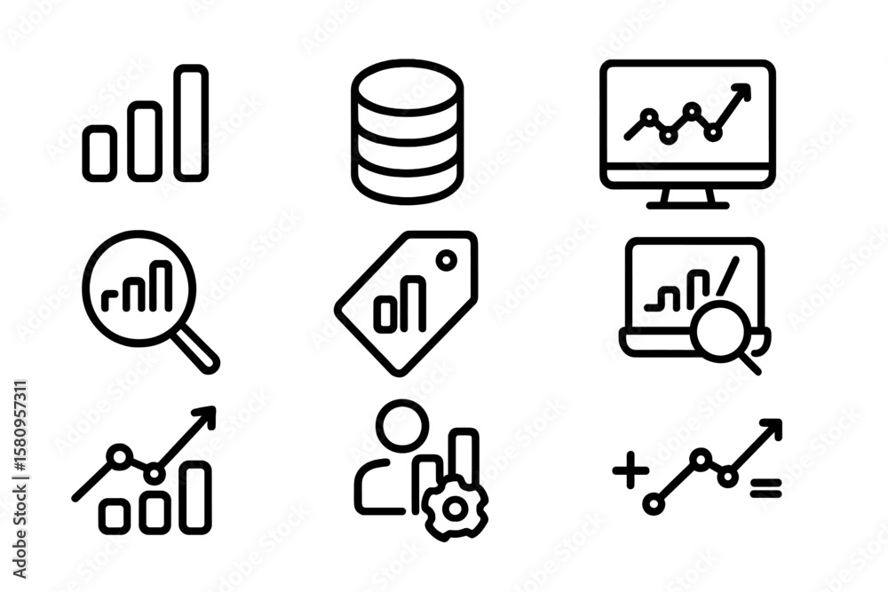 Poster data analysis icons set featuring graphs and charts in line art style
