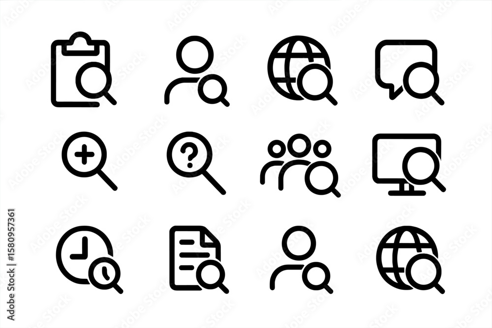 Poster search icon set on dark background highlighting various themes and functions